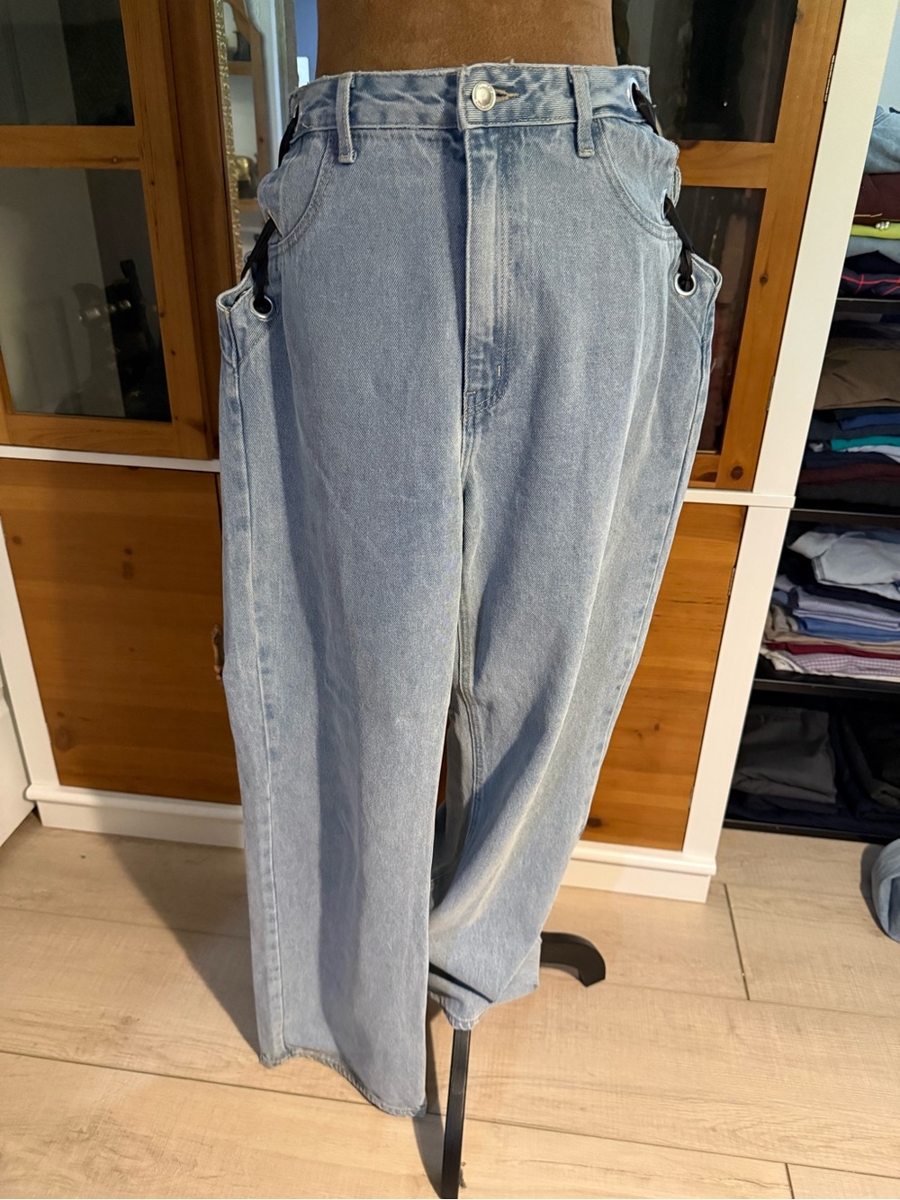 Women’s Light Blue Relaxed-Fit Denim Jeans with Lace Up Detail